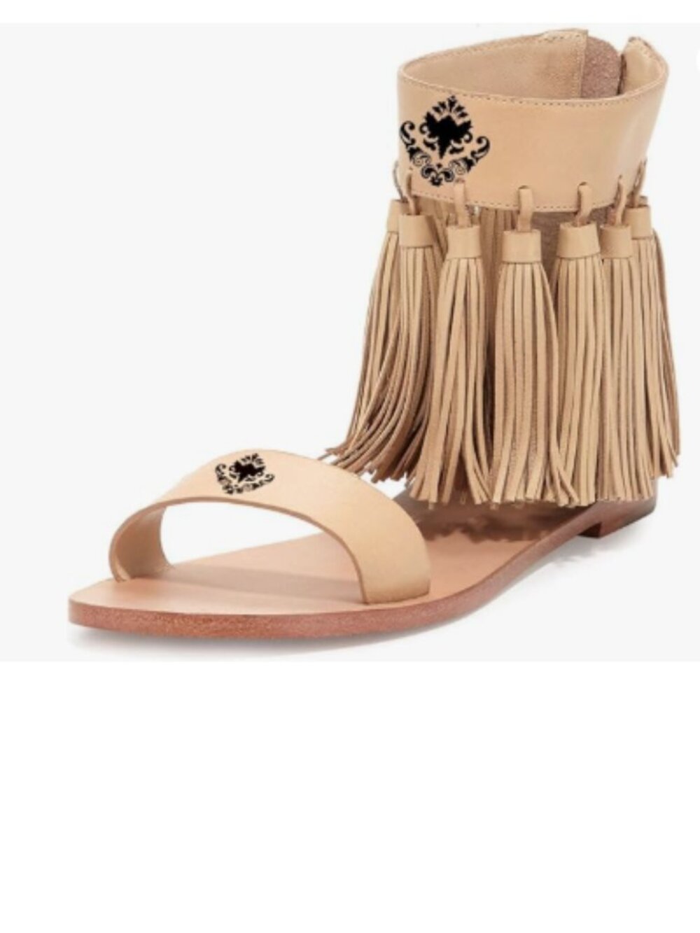 YDN Nude-brown Fringes Flats Tassels Open Toe Sandals Low-Heel Back Zipper Shoes
